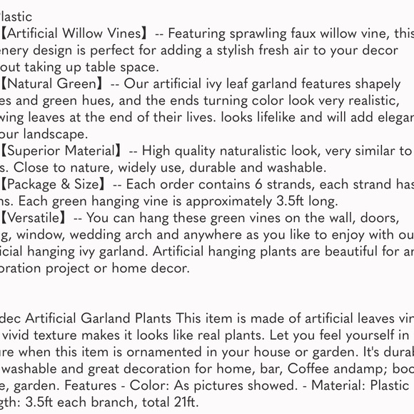 6pcs Artificial Vines Fake Greenery Garland Willow Leaves with Total 30 Stems - Picture 8 of 8